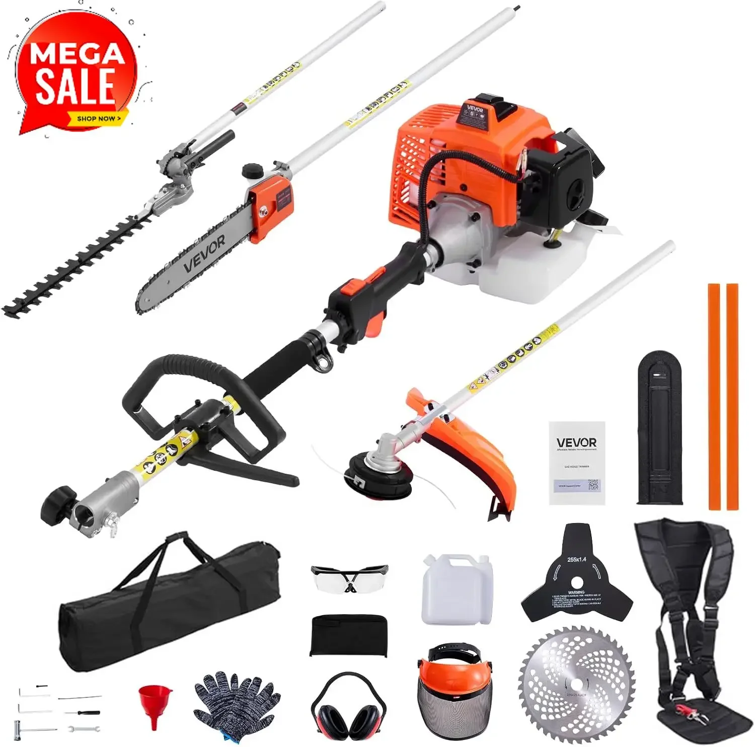 Gas Hedge Trimmer 2 Cycle 63 cc 5-in-1 Gas Power Handheld Cutter | Cordless Weed Eater with Protective Gear Set, Includes Hedge