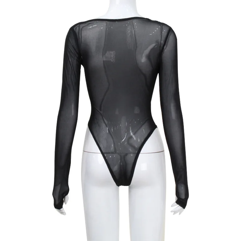 Absobe 여성 섹시 비대칭 넥 메쉬 시스루 바디수트 긴팔 나이트클럽 솔리드 컬러 롬퍼 탑 패션 파티웨어