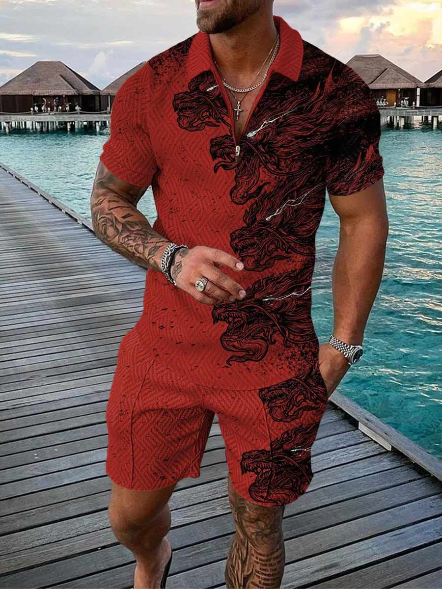 Conjunto de 2 piezas con estampado de tigre en 3D para hombre, conjunto de 2 piezas con cremallera y pantalones cortos, Estilo Vintage Hawaiano,