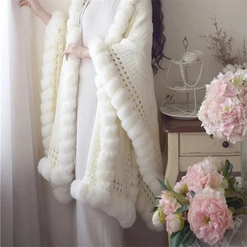 Elegant fur Ball Slimming High-end Knitted Shawl Jacket for Autumn Winter 2025 Solid ColorTourist Attraction Photography Style