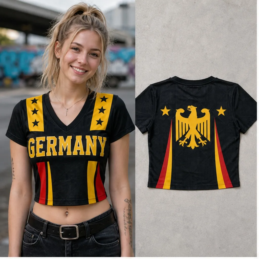 Womens Germany V Neck Short Sleeve Crop Top Star Eagle Text Arts Casual Summer Shirt for Street Travel Holiday and Everyday Wear