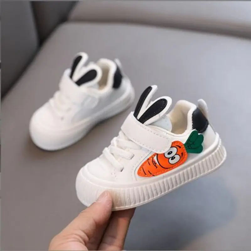 2024 Autumn New Children\'s Vintage Leather Sneakers Boys\' Radish Rabbit Ear Casual Board Shoes Girls\' Baby Little White Shoes 22