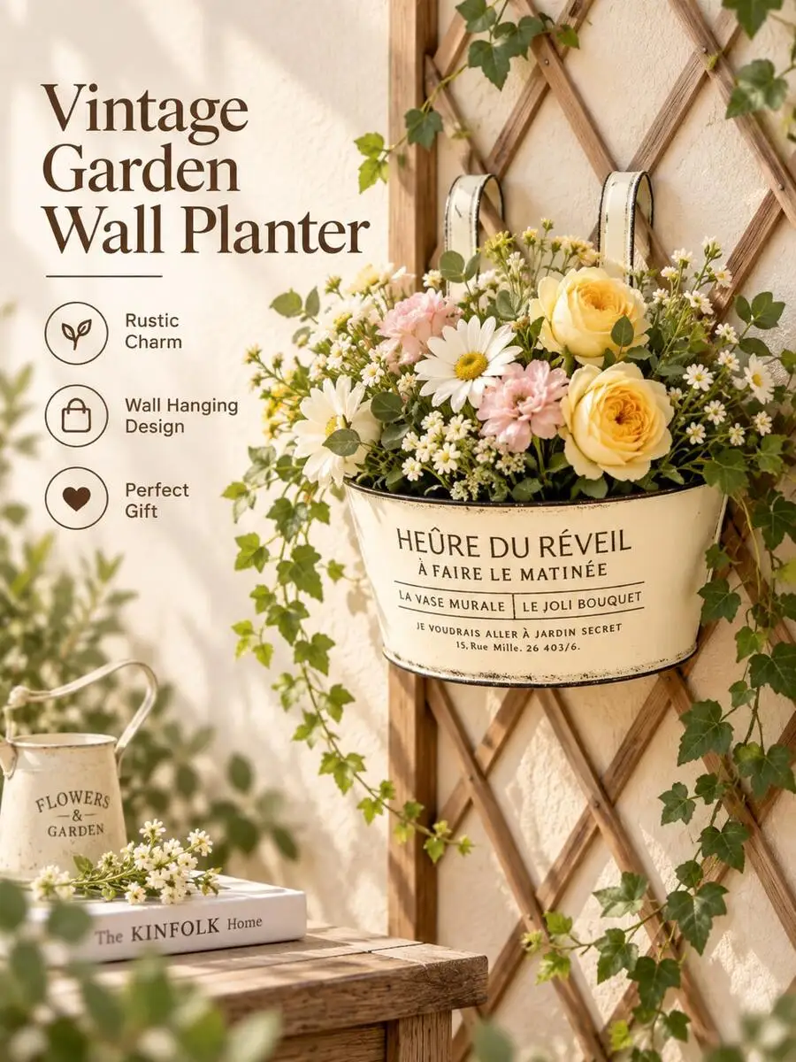 1pc Vintage Distressed Metal Hanging Planter, French Half-Round Iron Wall Hanging Flower Bucket, Hook-Style Iron Planter, Garden