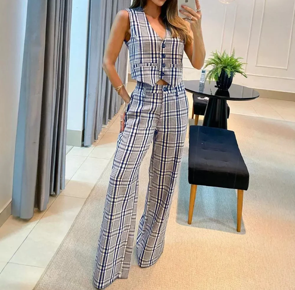 

Sleeveless Commuting Vest and Wide Leg Straight Leg Pants 2 Piece Sets Womens Outfits Y2k Top and Trousers Suit Summer 2024 New