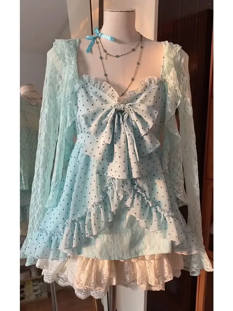 IMU 2026 Summer Floral Lace Vintage Fairy 3 Piece Sets Woman Sweet Sleeveless High Waist Elegant skirt Suit Female Korean Fashio