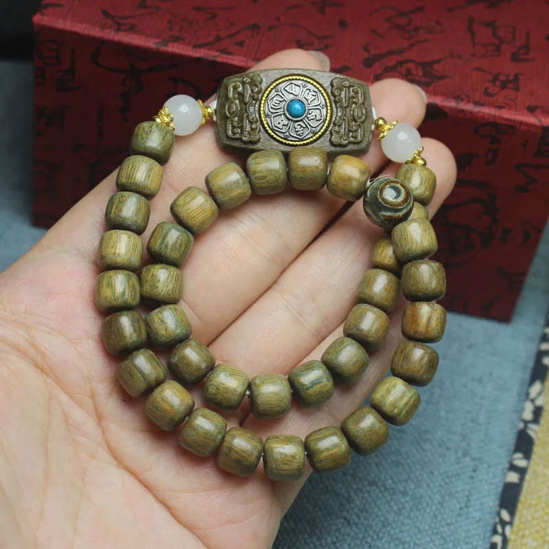 Green Sandalwood Old Beads Six Words Carved Square Pendant Bracelet – Rotatable DIY Prayer Beads for Men & Women, Gifts