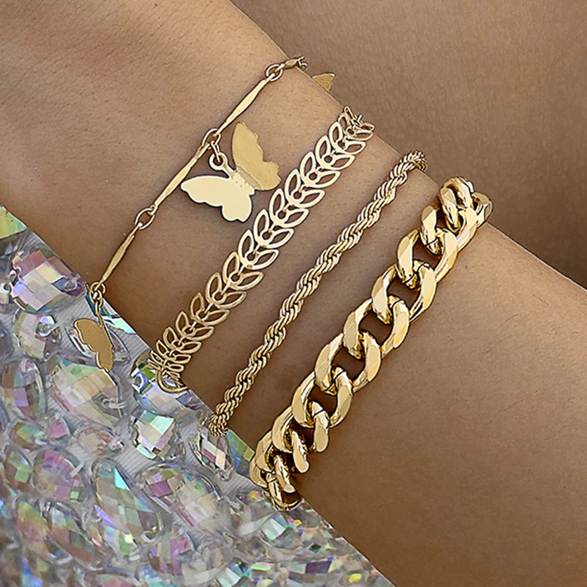 Tocona Romantic Metal 4 Layer Butterfly Stackable Bracelet Set Hollow Wheat Leaf Twist Rope Thick Chain Versatile Women Jewelry