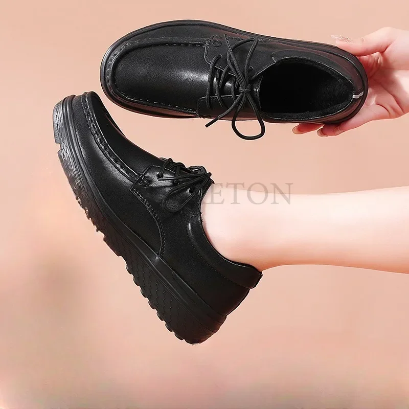 Genuine Leather Lace Up Nurse Shoes for Women Soft Soles in Autumn and Winter Plush Thick Soles Anti Slip Bottomed Work Shoes