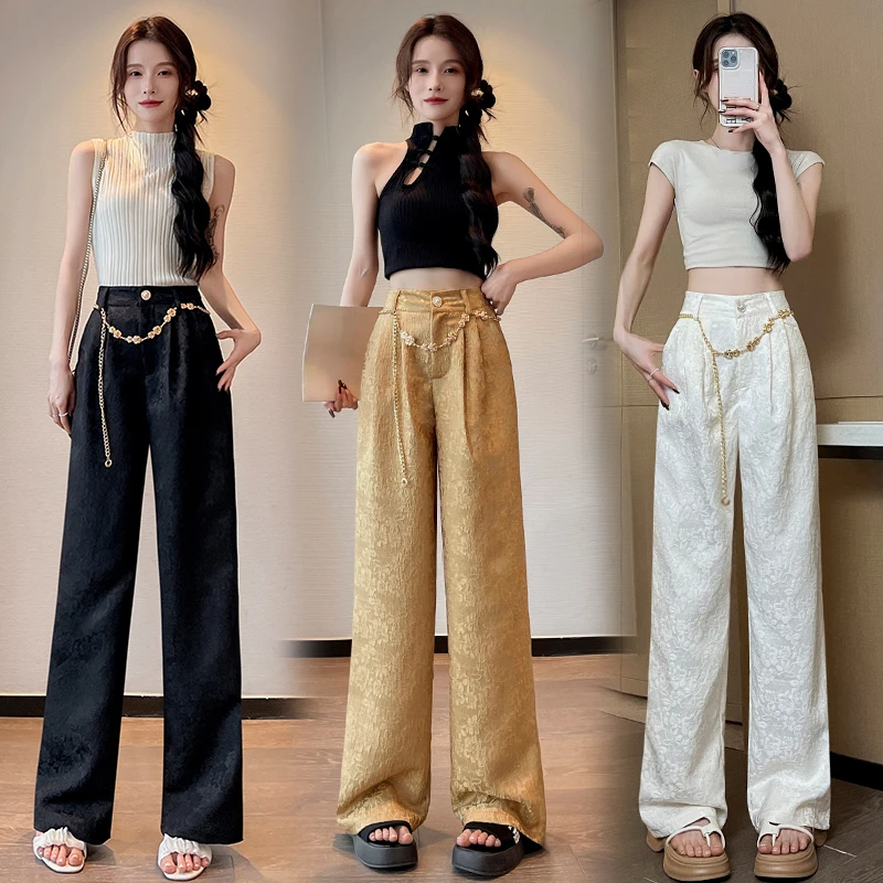 Spring Fall Women High Waisted Dobby Floral Wide Leg Golden White Black Pants , Woman Fashion Summer Jacquard Floral Trousers