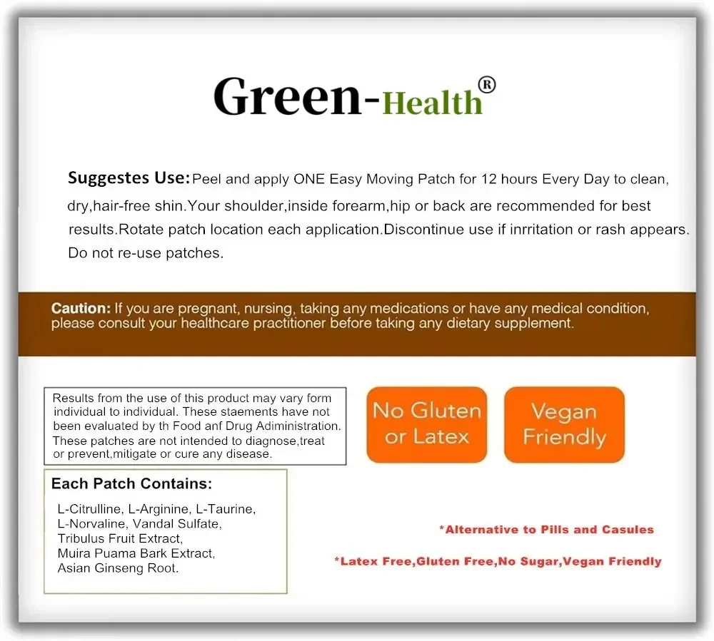 Performance Formula Nitric Oxide Booster Transdermal Patches - 30 Patches for Enhanced Stamina & Endurance One Month Supply