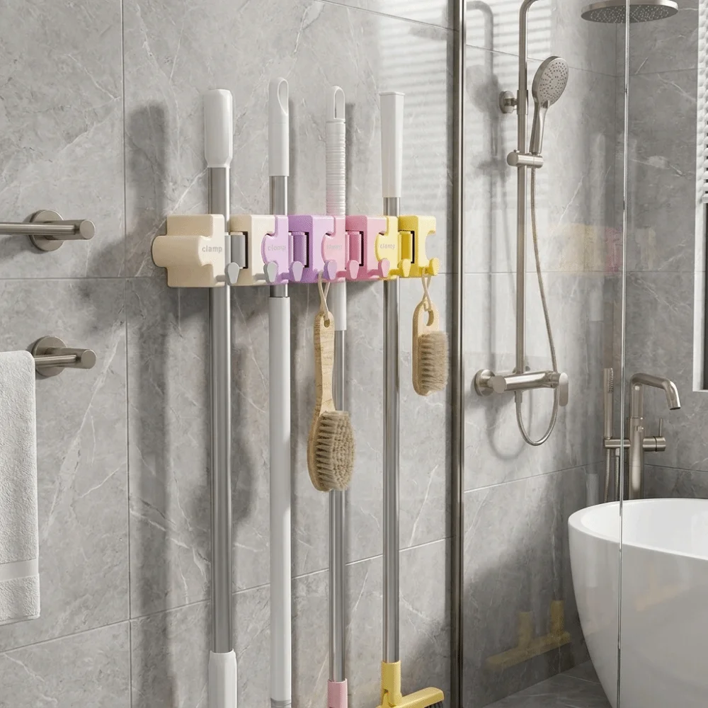 No Drill Puzzle Splicing Mop Broom Holder Self Adhesive Space Saving Macaron Mop Holder with Hooks Wall Mounted Broom Hanger