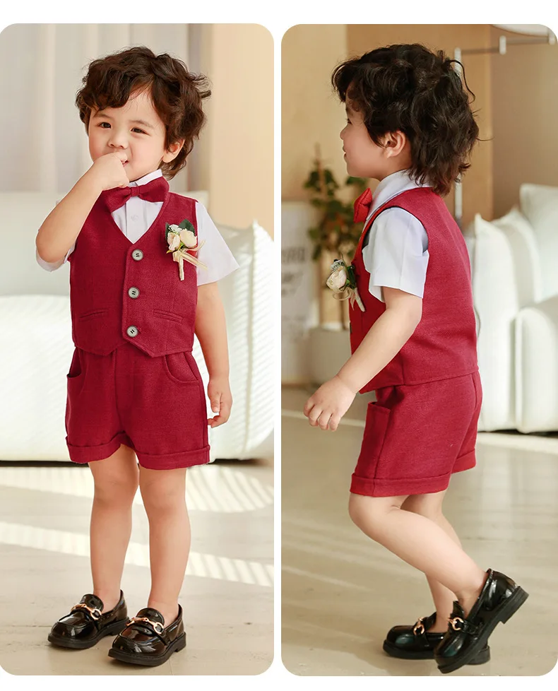 Childrren Slim Fit Vest Shirt Shorts Bowite Flower 5PCS Photography Suit Kids Performance Costume Boys Birthday Wedding Dress