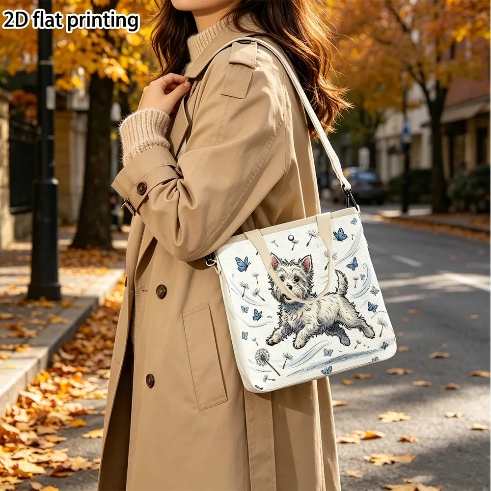 dog with dandelions Double-Sided Print Canvas Tote Bag Detachable Convertible Crossbody Strap for Weekend Travel