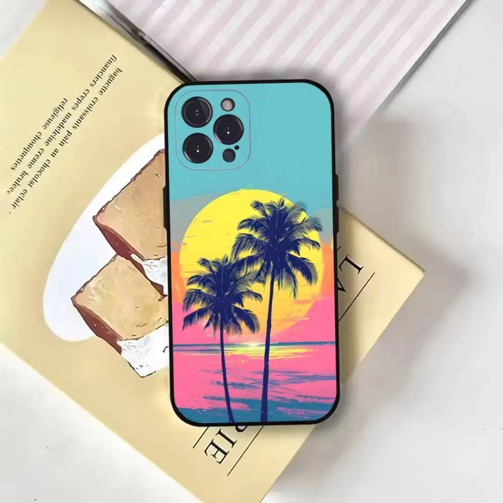Palm Tree Beach Summer Phone Case For iPhone17,16,15,14,13,12,11 Plus,Pro Max,Soft Black Cover
