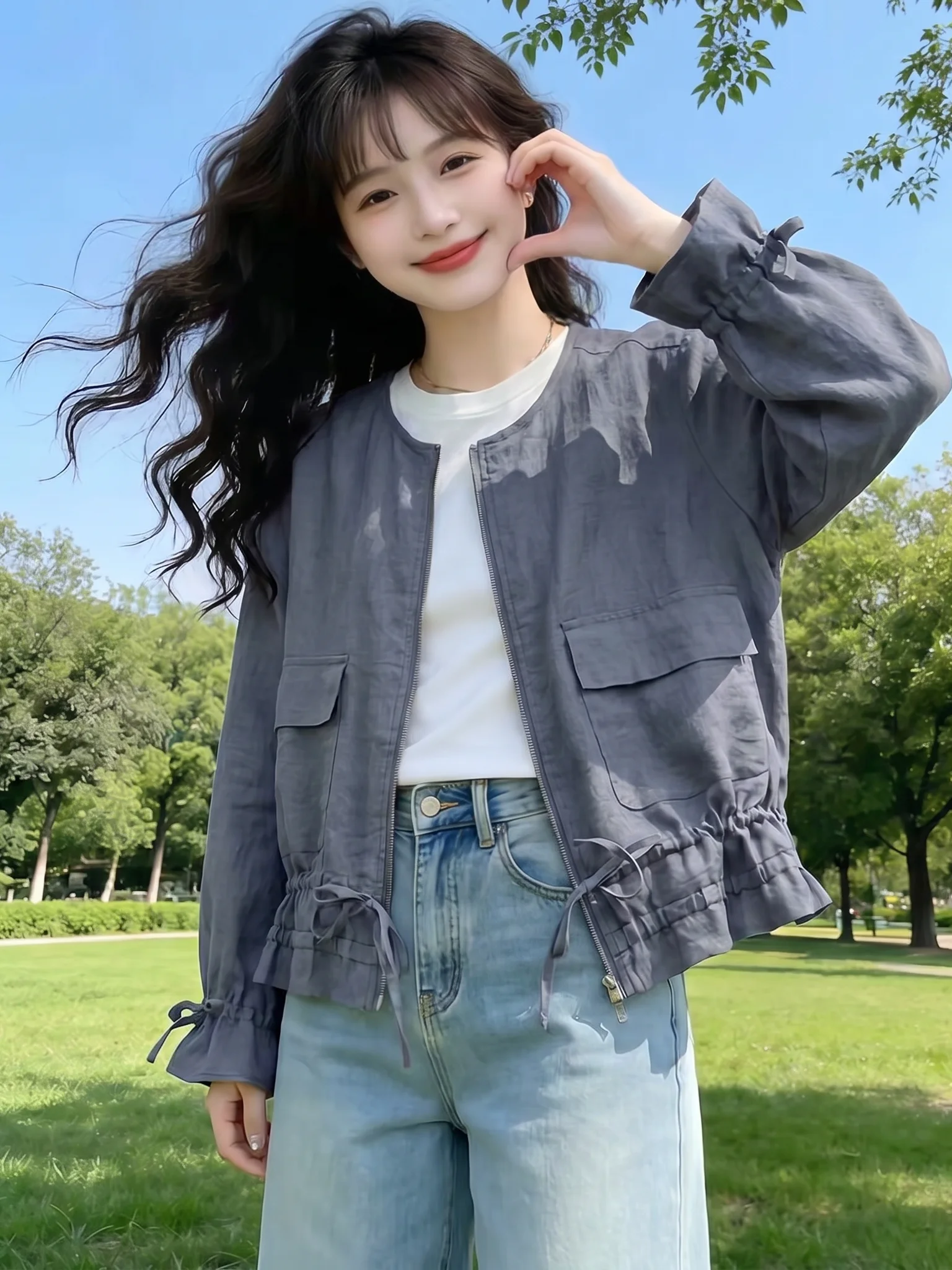 

Casual Summer Outerwear Drawstring Loose Fit High Waist Short Coat UV Protection Small Size Women's Fashion Commute Style
