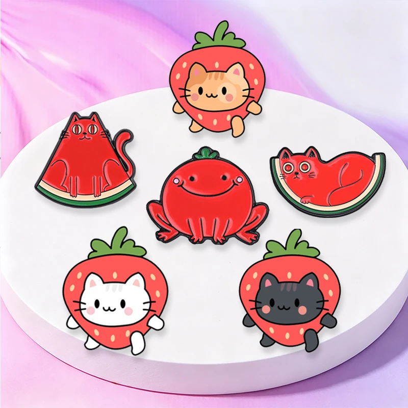 Cartoon Strawberry Cats Fruit Animal Enamel Pin Cute Watermelon Cat and Tomato Frog Brooch Lapel Badge Jewelry Gift for Friends view 4