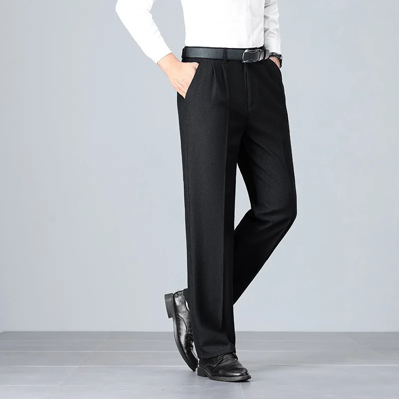 

Мужские костюмные брюки, толстые осенние деловые брюки размера плюс 40, 44, прямые эластичные свободные брюки с высокой талией для папы среднего возраста