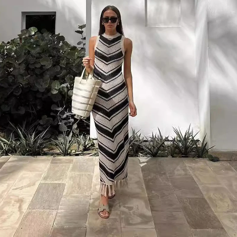 

Beach One Piece Dress Korean Style Outlet Women 2024 Ladies Sexy Tight Stripe Fringe Knitted Skirt Sleeveless Summer Midi Print