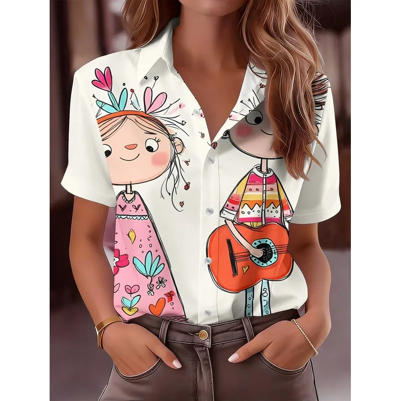 Women's Collar Button-Up Shirt Cute Companion Print Short-Sleeve Blouse Spring Summer Casual Top Machine Washable for Uniforms O