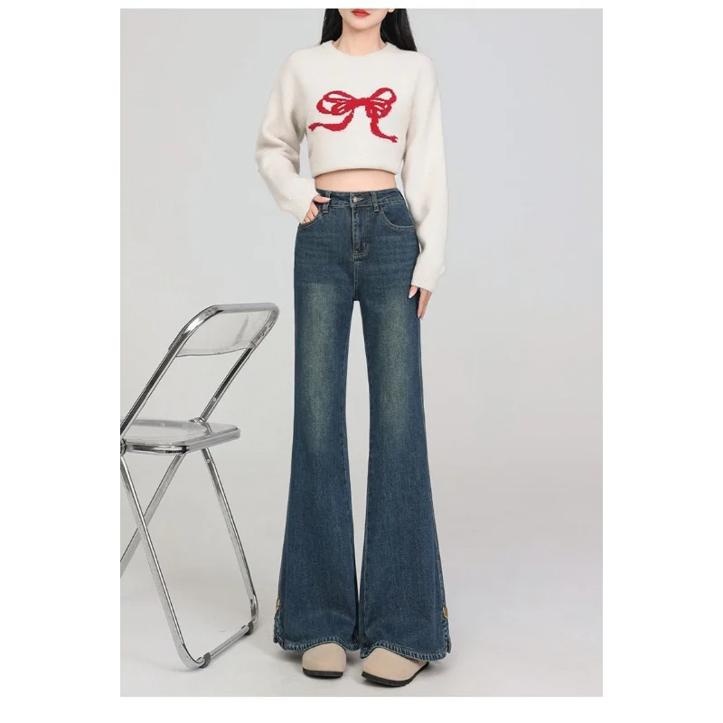 Celana Jeans High-waisted Model Slit Sedikit Melebar, Gaya Retro, Serbaguna, Ramping, Cocok untuk Musim Semi dan Gugur