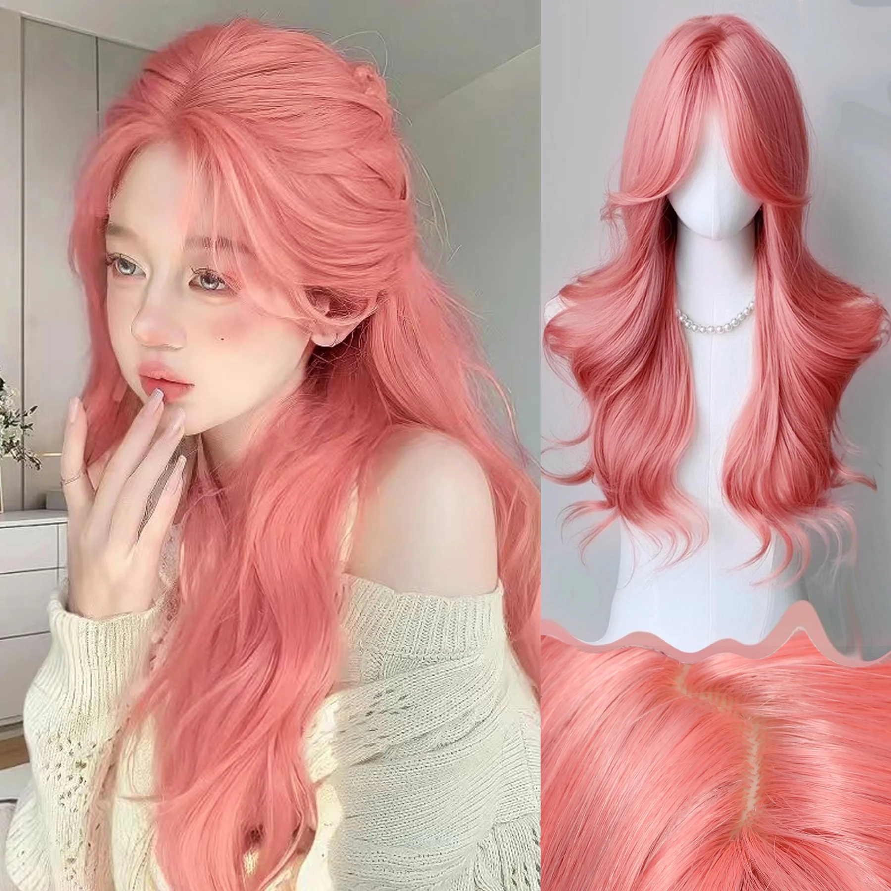 

synthetic orange pink wig Fashion Wigs 26" 65cm Long Wavy Curly Hair Heat Resistant Wig Cosplay Wig For Women With Free Wig Cap