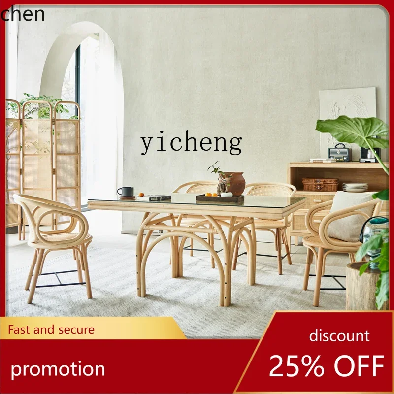 

HXL Full Rattan Dining Table Creative Homestay Natural Rattan Woven Dining Table and Chair Set Hotel
