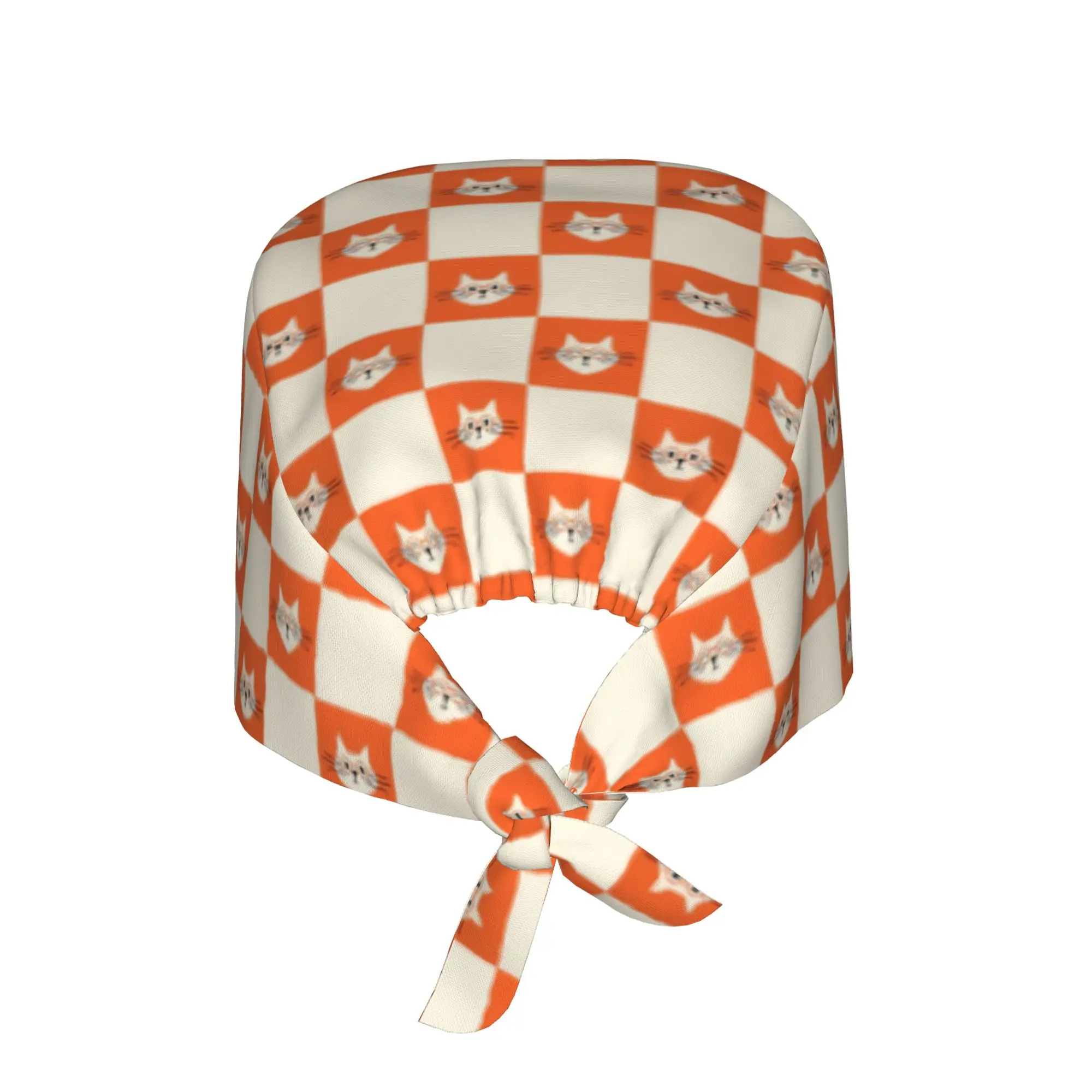 Cute Cat Glasses Orange and Cream Checkerboard Working Cap Surgical Hats Women Men  Operating Room Cap Nursing Cap Lab Works Hat