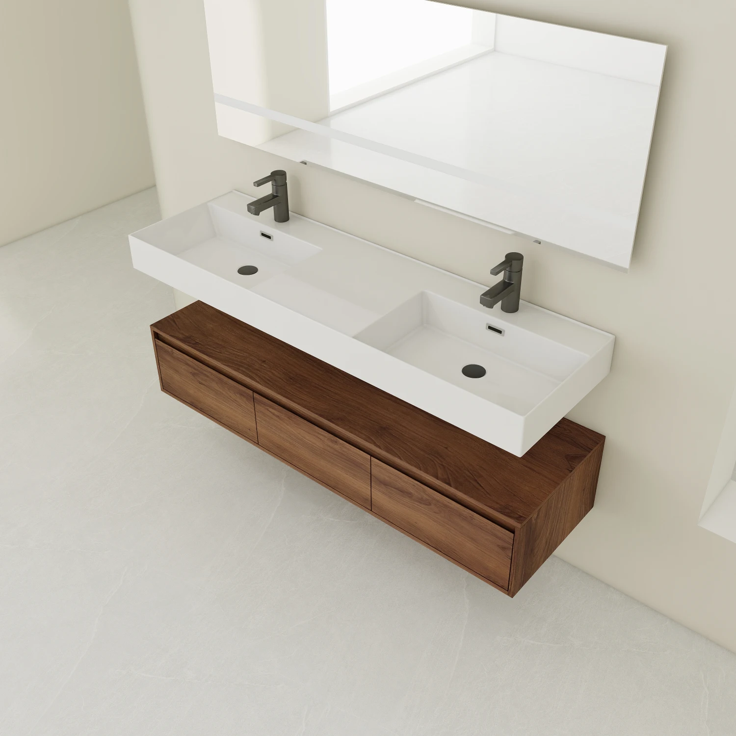 Wall-Mounted Bathroom Vanity, Resin Sink, Soft Close Drawer, Float Mounting Design - 60 inch