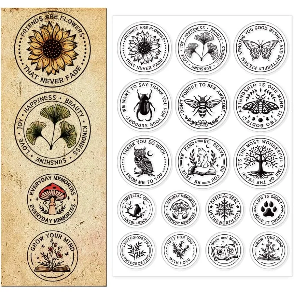 Круглые прозрачные штампы с растениями и животными, прозрачные штампы с насекомыми, круглые силиконовые прозрачные штампы для DIY, скрапбукинга, фотоальбома