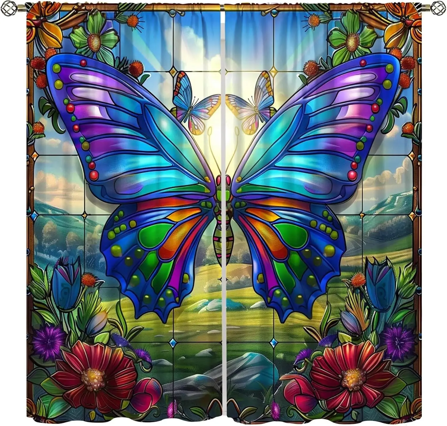 Vibrant Stained Glass Butterfly Blackout Curtain Floral Grassland View Rod Pocket Soft Fabric Panels Romantic Aesthetic Bedroom