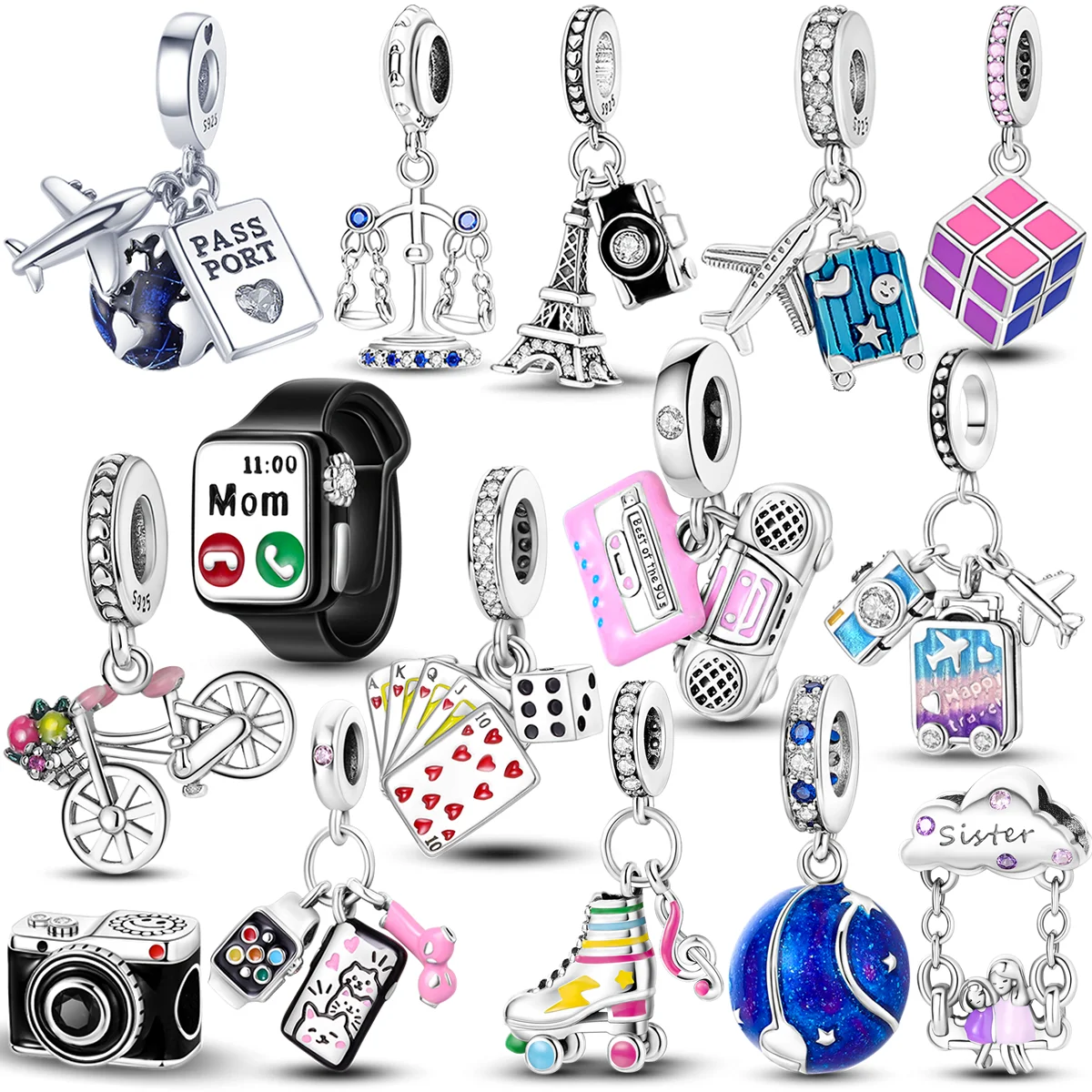 100% 925 Silver Funny Playable Charms Beads Smart Watch Tarot Bike Travel Dangle Fit Original Bangle Bracelet DIY Jewelry