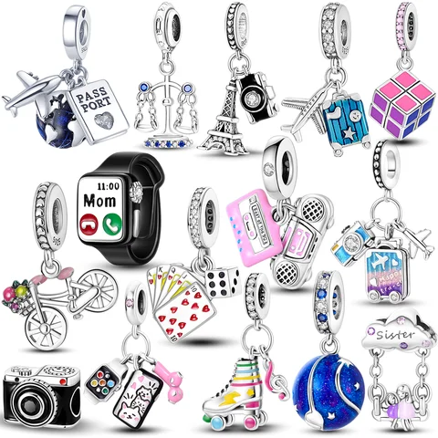 100% Plata 925 divertidos abalorios jugables cuentas reloj inteligente Tarot bicicleta viaje cuelga ajuste Original brazalete pulsera joyería DIY