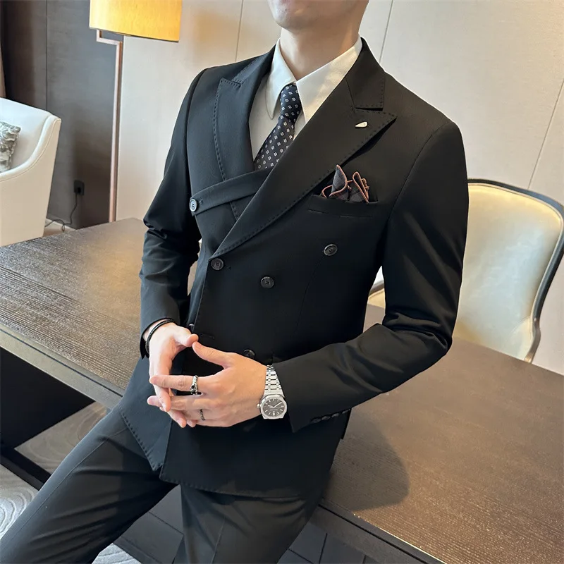 

KIDWHXR Man Blazer Fashion Striped Turn Down Collar Male Outerwear Double-breasted Long Sleeve Slim Business Men Suit Coat