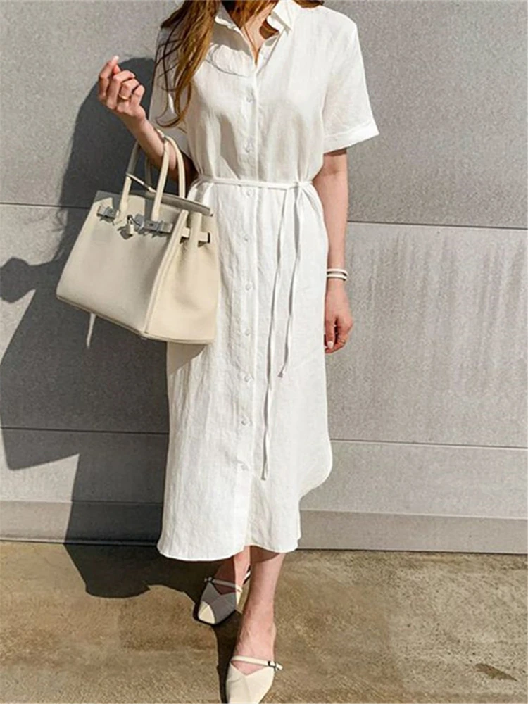 Colorfaith DR1670 New 2023 Lace Up Chic Elegant Lady Oversized Korean Fashion Vintage Split Pure Women Spring Shirt Long Dresses