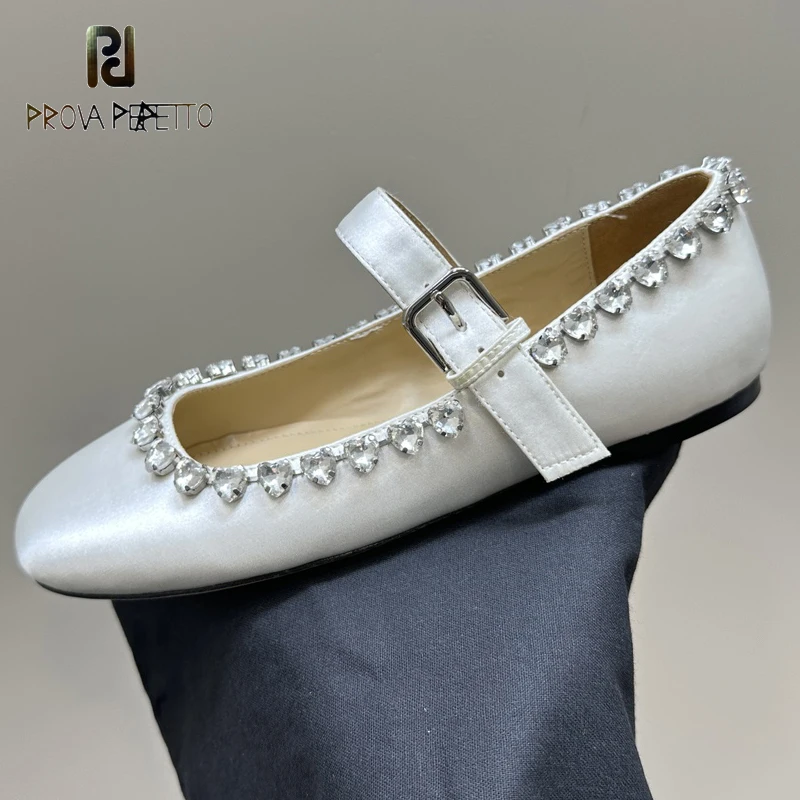 

Genuine Leather Women Mary Janes Shoe Flat Buckle Strap Ballet Sapatos Mujer Denim Rhinestone Decor Sweet Style New Mules