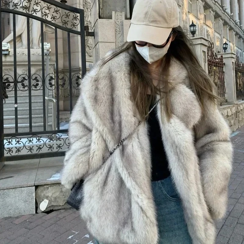 

2025 Autumn Winter Long Sleeve Fluffy Jacket Oversized Loose Casual Luxury Soft Thick Warm Hairy Faux Fox Fur Coat Women