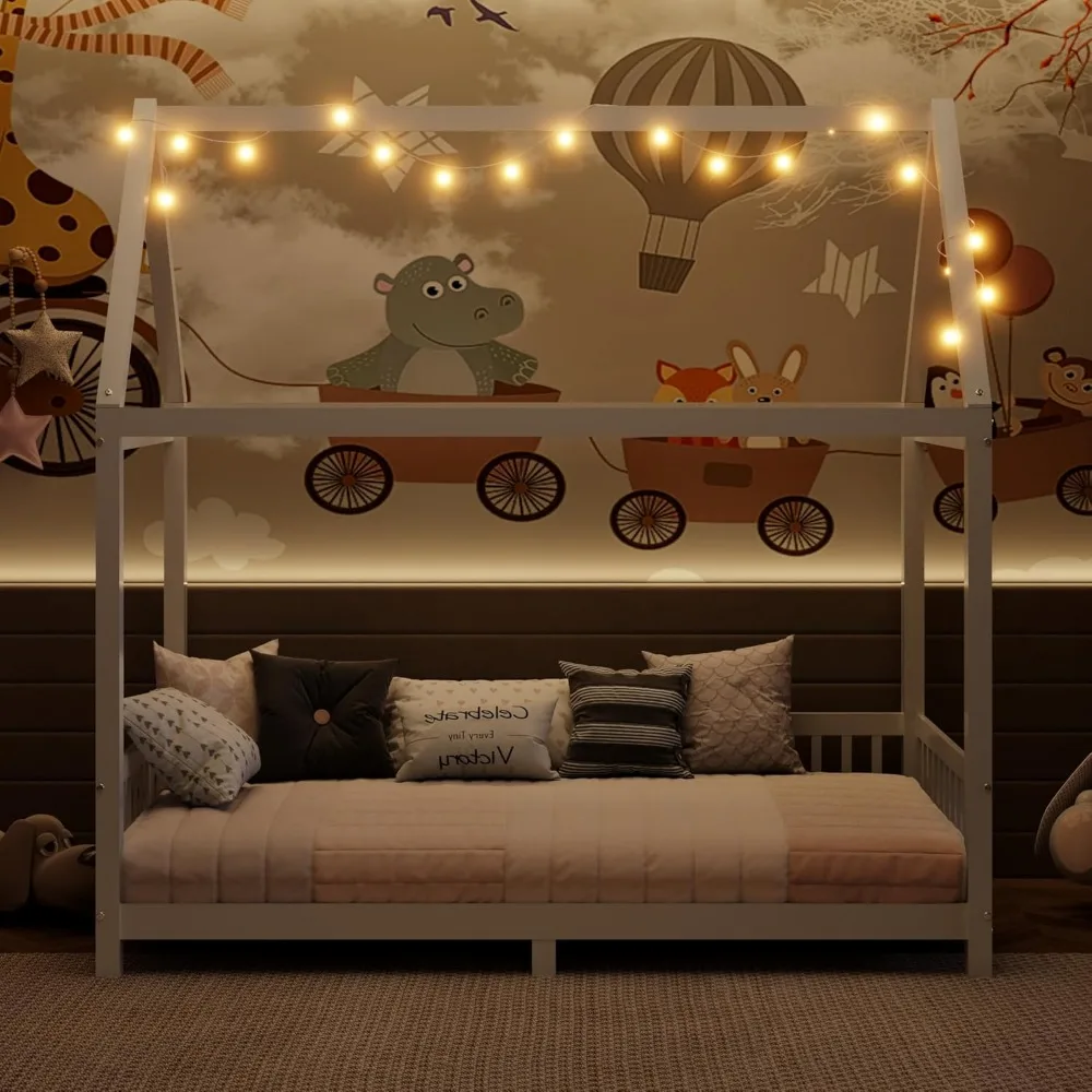 

Designs Wood House Bed Twin Size Floor Bed with Fence Guardrails,Twin Montessori Bed Frame with LED Light for Kids,Fun Playhouse