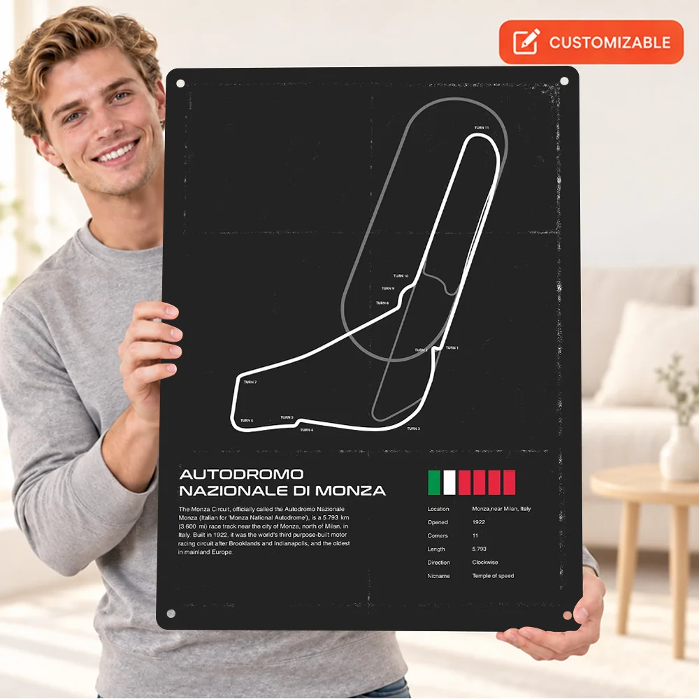Monza Track Diagram Textured Metal Poster Customized Aluminum Sign Schematic Linework Wall Art For Garage Motorsport Fan Gift