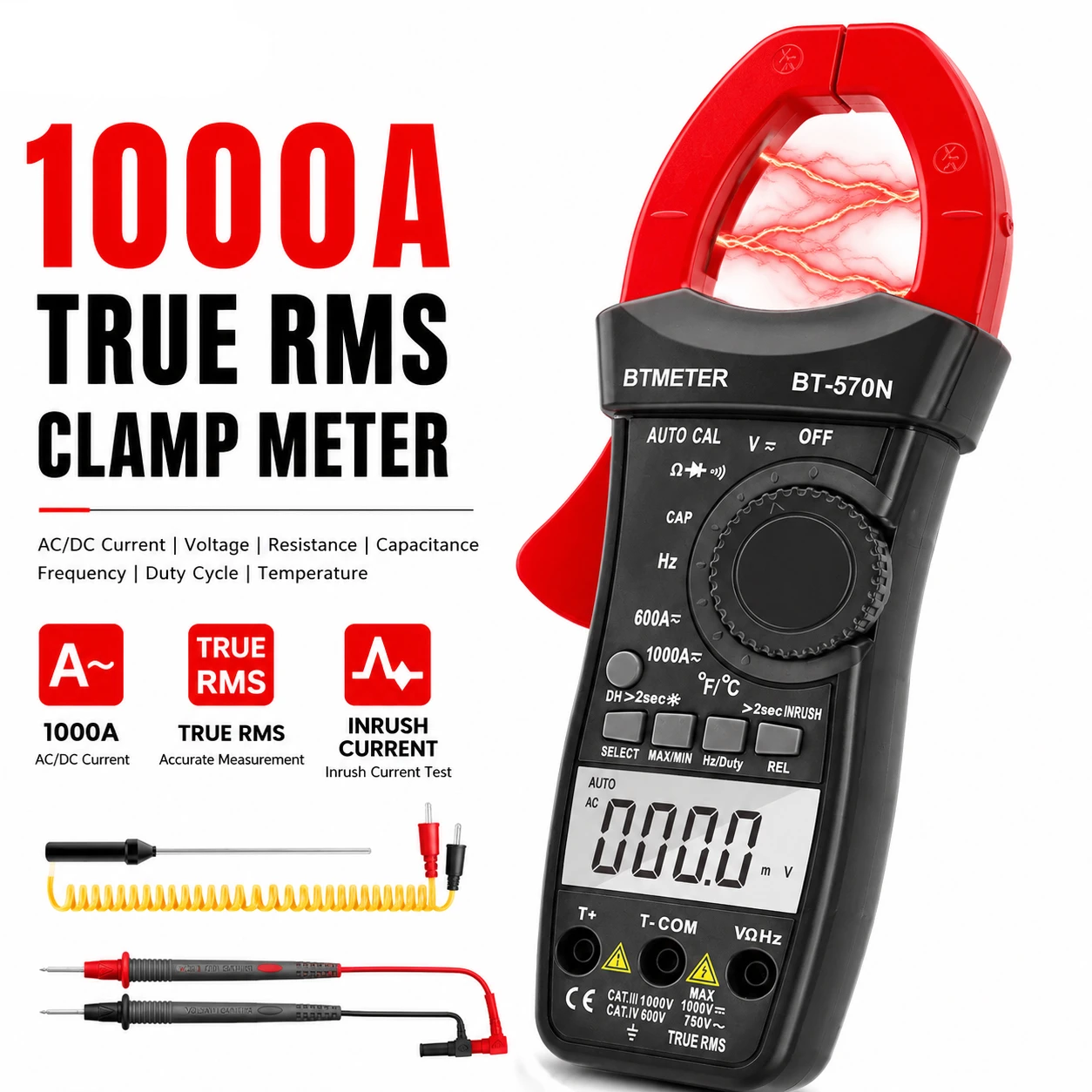 

BT-570N Clamp Meter 9999 Counts True RMS, AC/DC Current Voltage Clamp Multimeter with Inrush Current & Bluetooth,NCV Temperature