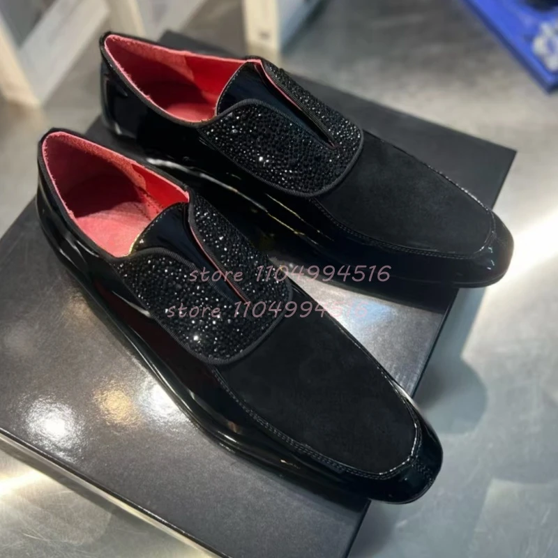 

Black Leather Rhinestone Decor Loafers Shoes Suede Square Toe Low Heels Dress Shoes Fashion Business Wedding Formal Male Shoes