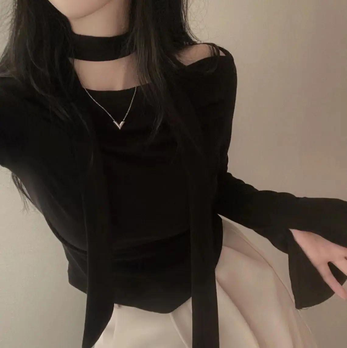 الكورية نمط ChicAutumnslims المرأة خارج الكتف كم طويل تي شيرت التخسيس مثير اقتصاص مطوي قاعدة الأعلى للأزياء #5