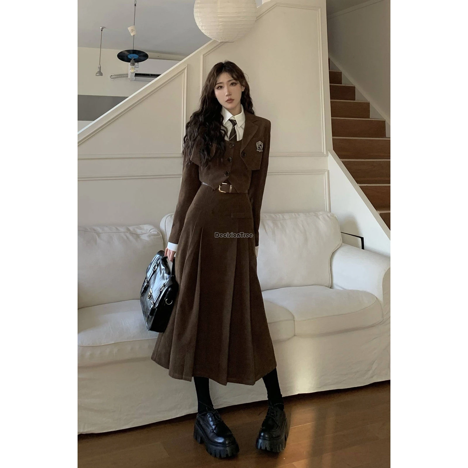 2025 retro korea preppy style suit short jacket long sleeve shirt vest long pleated skirt casual fashion jk uniform suit b219