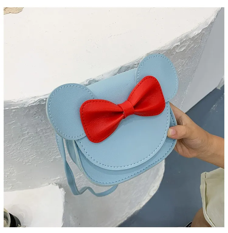 การ์ตูนหนูโบว์สำหรับเด็กทารกกระเป๋าหิ้วน่ารักสีลูกกวาดกระเป๋าหนัง PU สะพายไหล่คาดลำตัวสำหรับเด็ก dompet koin เด็กผู้หญิงเด็กน้อยแบบเจ้าหญิง