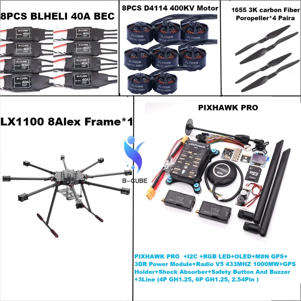

LX1100 All Carbon Fiber 1100mm Octacopter Pixhawk PRO M8N M9N M10 Flight Controller BLHELI 40A ESC PX4 D4114 400kv Motor RC
