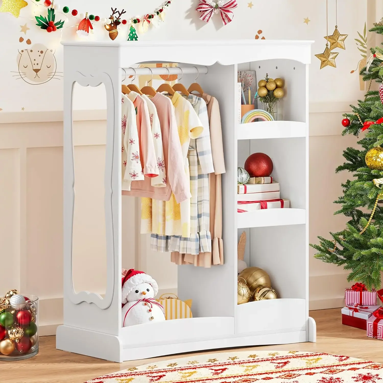 Kids Dress Up Storage with Flower Mirror, Open Hanging Closet Wardrobe for Children, Kids Armoire & Costume Organizer for Bedroo