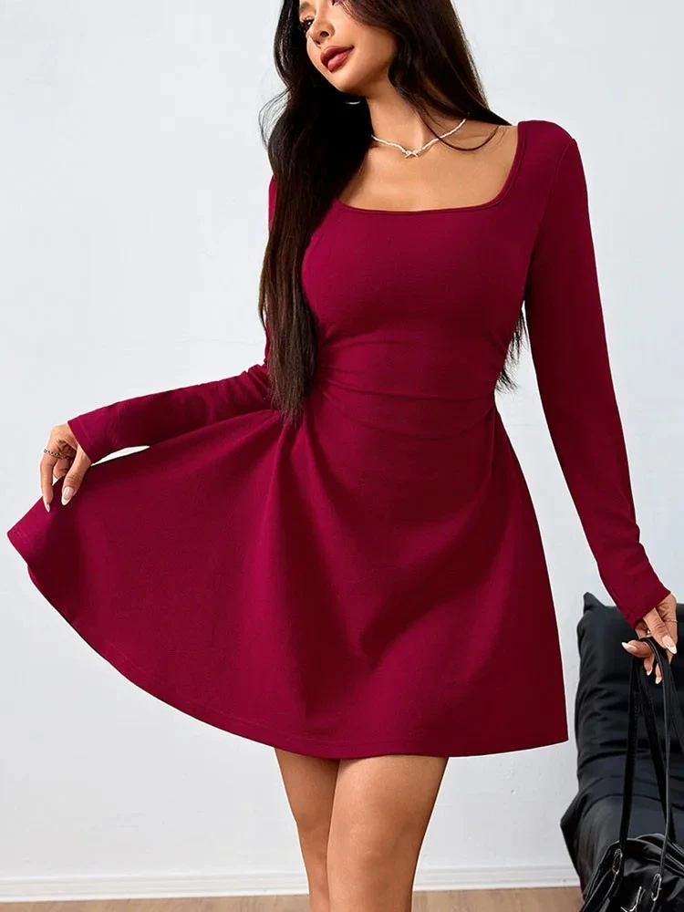 2025 الخريف الصلبة ساحة الرقبة Bodycon فستان المرأة حفلة ضيقة فساتين قصيرة الجنية السيدات مثير الأحمر نادي فستان قصير #5