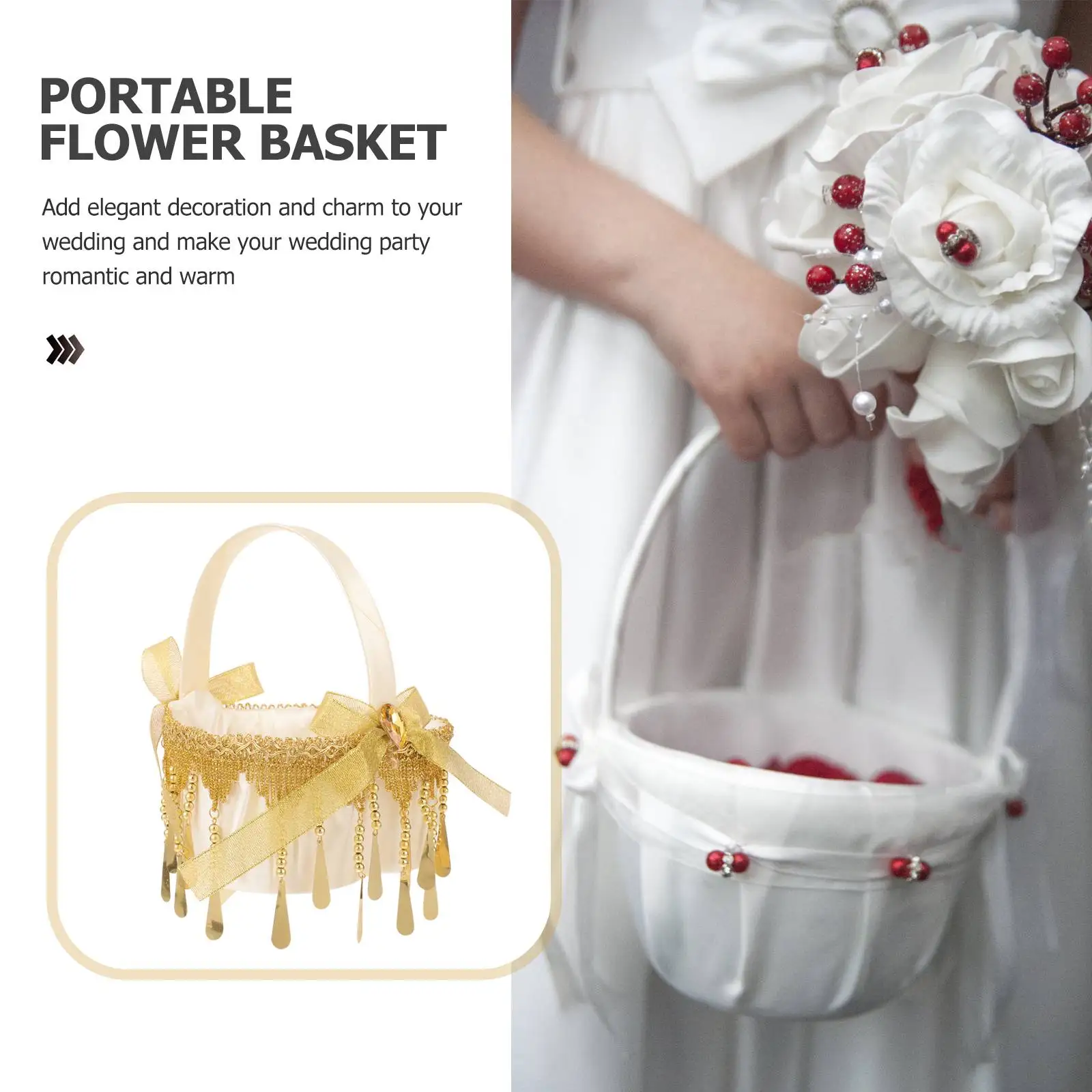 Petit panier de fleurs doré, cadeau de mariage, paniers de rangement portables en rotin rustique, accessoires de fête de mariage, panier de fleurs pour fille