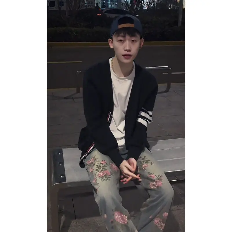 

Модные американские прямые джинсы, мужские свободные широкие брюки длиной до пола, молодежные повседневные хлопковые полиэтиленовые брюки...