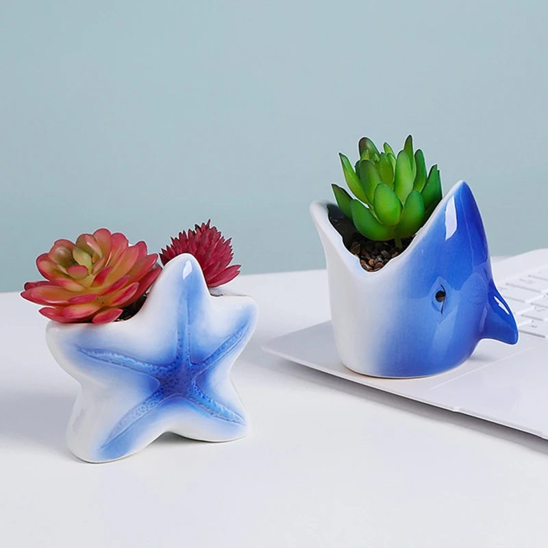 KEKA Marine Animal Flower Pots Blue Starfish Sharks Small Flower Pot Desktop  Glaze Flower Pot