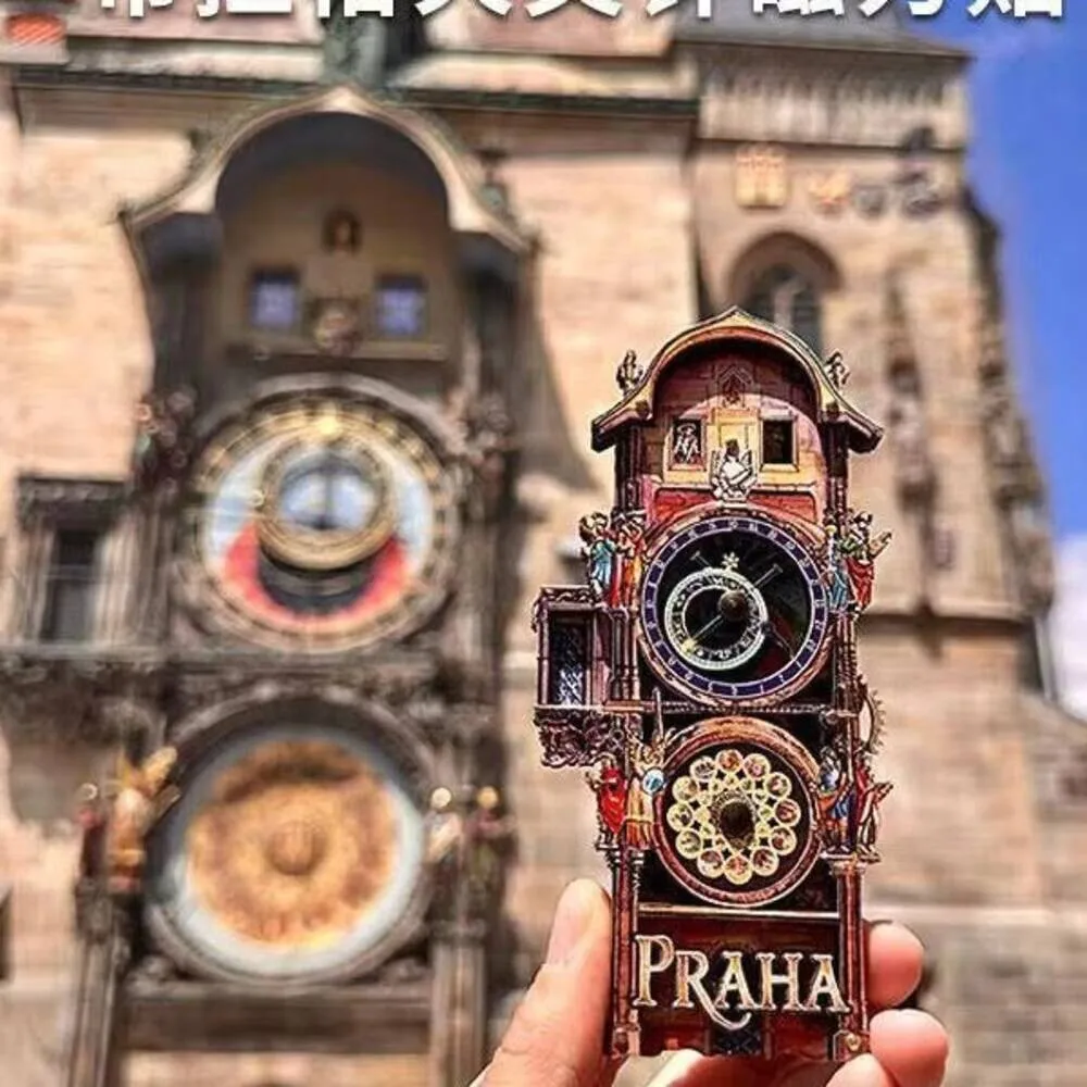 

Wooden Czech Prague Astronomical Clock Fridge Magnet 3D Rotating Souvenir Gift from Europe Travel Memorabilia Decor